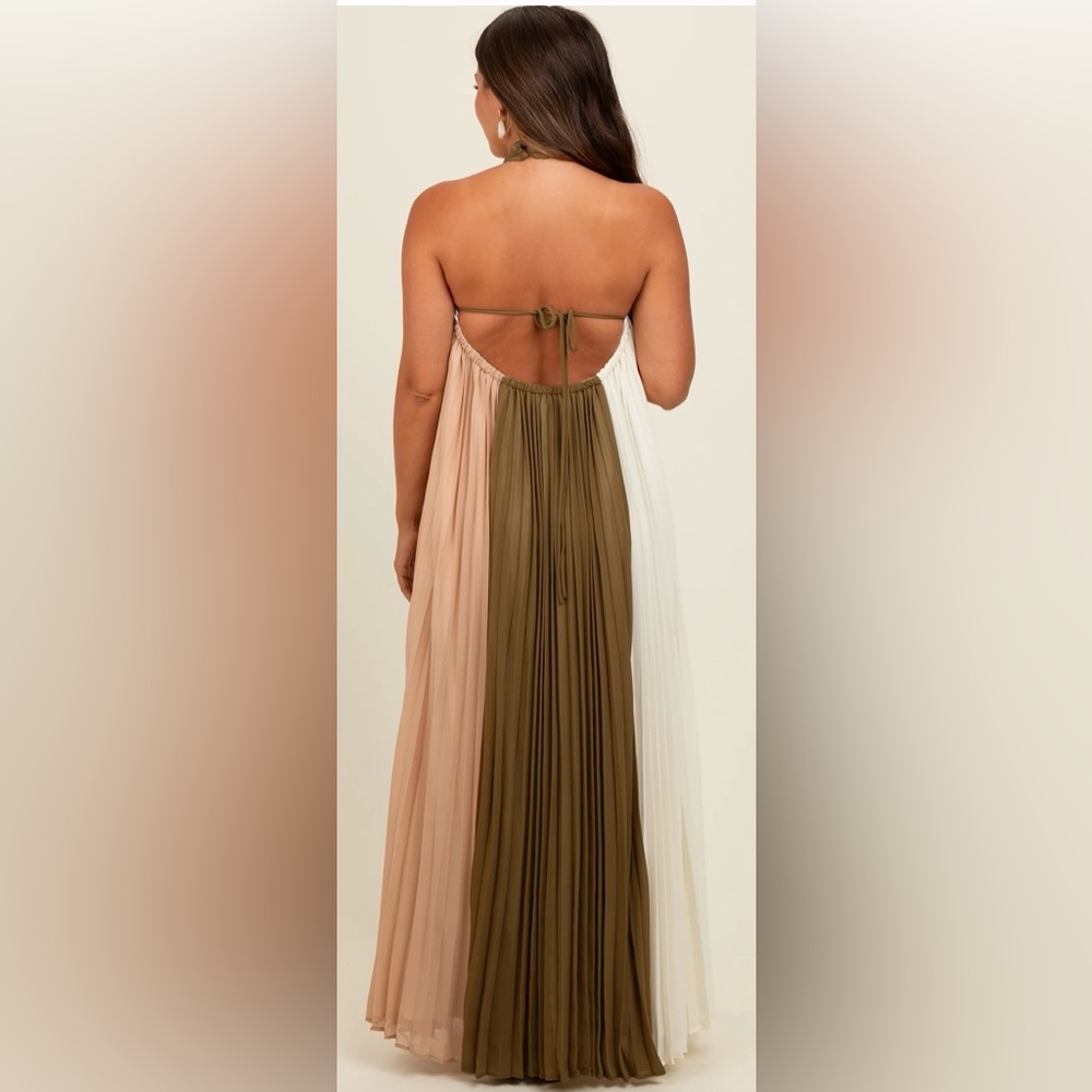 Pinkblush Olive Colorblock Pleated Halter Neck Maternity Maxi Dress Size Large - Picture 3 of 4